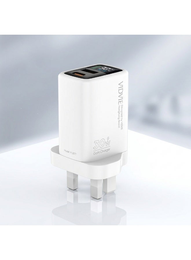 VIDVIE  Fast Wall Charger 30W GaN with Digital Power Display Screen, Type-C PD & USB Ports - White - Image 4