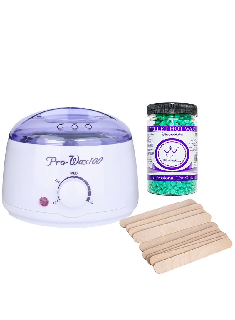 Pro-Wax100 Electric Hair Removal Wax Heater (Multicolour) with Hair Removal Hot Wax Green 200g and 10 Wooden Sticks (No Waxing Paper Needed)