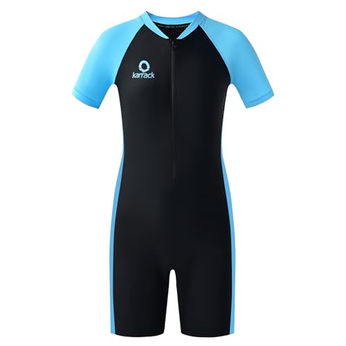 karrack Girls and Boys One Piece Rash Guard Swimsuit Kid Water Sport Short Swimsuit UPF 50+ Sun Protection Bathing Suits (Size 11-13Years) Black- Blue - Image 1