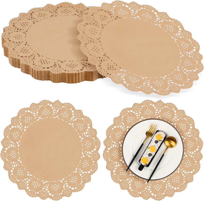 MCEAST 100 Pack Round Brown Kraft Paper Doilies 13.5 Inches Lace Paper Place Mats Rustic Scallop Doily Disposable Table Pads for Food Cakes Crafts Party Weddings Tableware Decor - Image 1