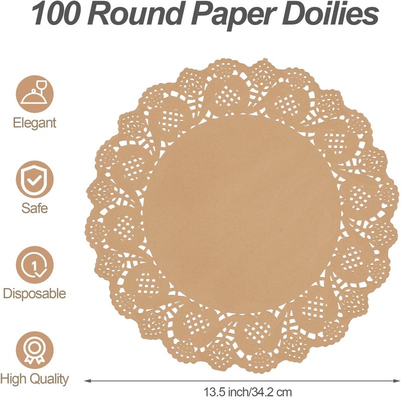 MCEAST 100 Pack Round Brown Kraft Paper Doilies 13.5 Inches Lace Paper Place Mats Rustic Scallop Doily Disposable Table Pads for Food Cakes Crafts Party Weddings Tableware Decor - Image 2