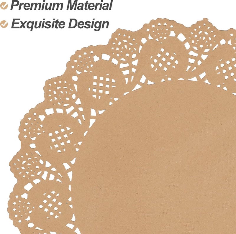 MCEAST 100 Pack Round Brown Kraft Paper Doilies 13.5 Inches Lace Paper Place Mats Rustic Scallop Doily Disposable Table Pads for Food Cakes Crafts Party Weddings Tableware Decor - Image 3