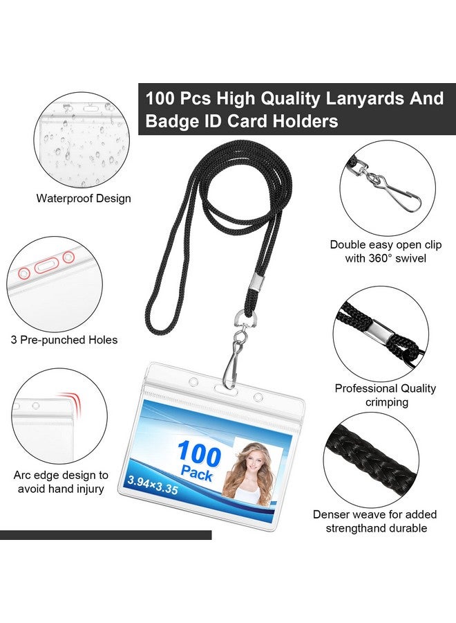 Marspark 100 Pieces Lanyards For Id Badges Clear Badge Holder With Lanyard Pvc Id Holder Lanyard Waterproof Student Lanyard Horizontal Name Tags With Swivel Hook For Badge Card School Office (Black) - Image 4