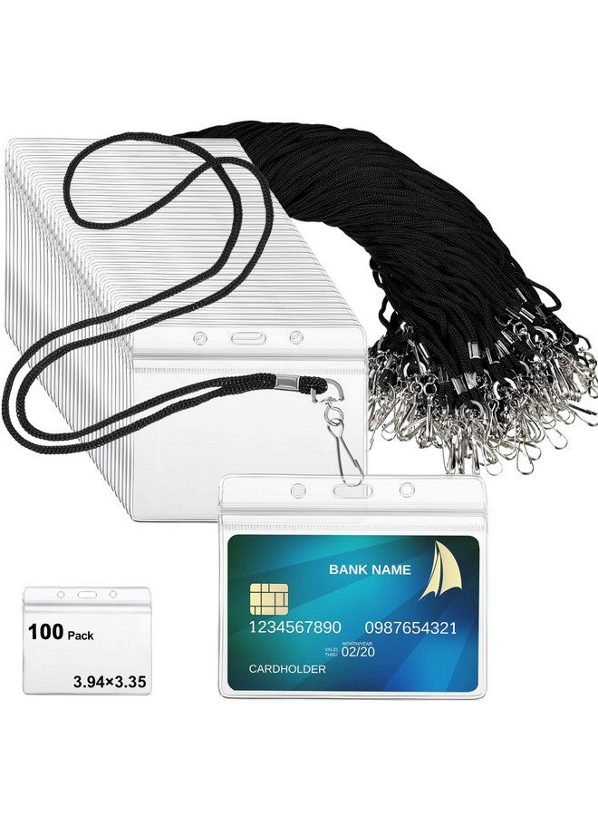 Marspark 100 Pieces Lanyards For Id Badges Clear Badge Holder With Lanyard Pvc Id Holder Lanyard Waterproof Student Lanyard Horizontal Name Tags With Swivel Hook For Badge Card School Office (Black) - Image 1