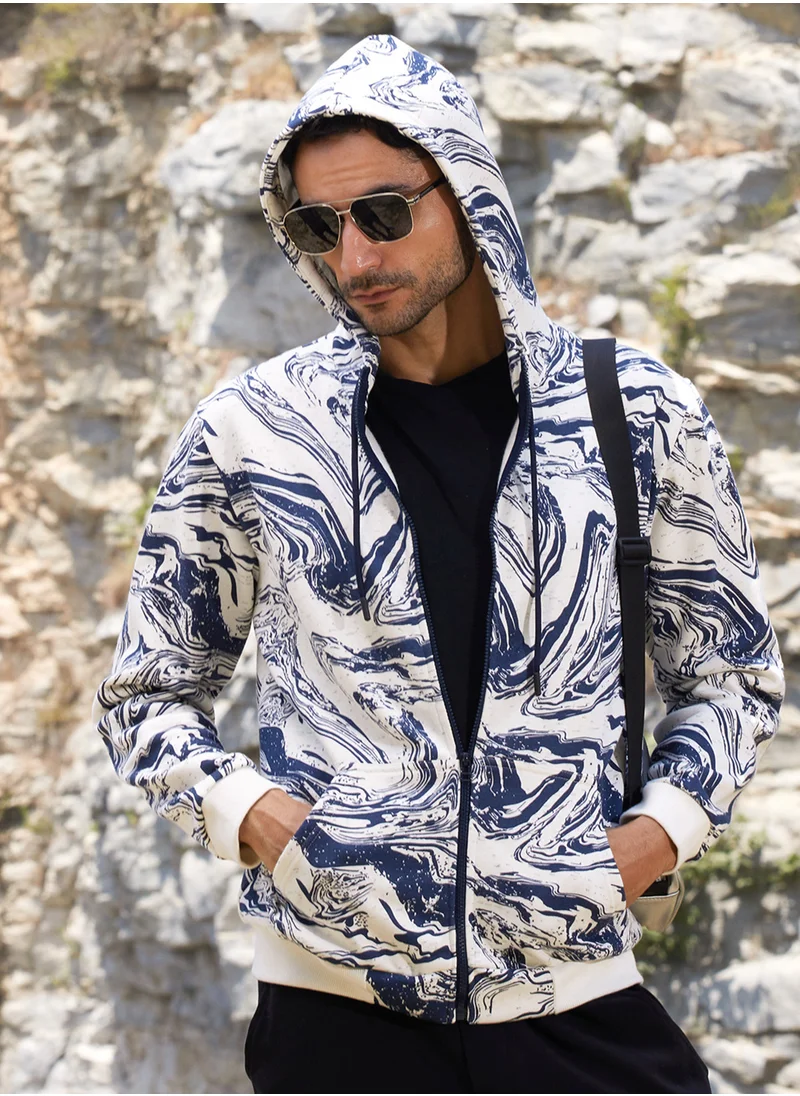 كامبوس سوترا Men's White & Indigo Blue Contrast Fluid Zip Front Hoodie