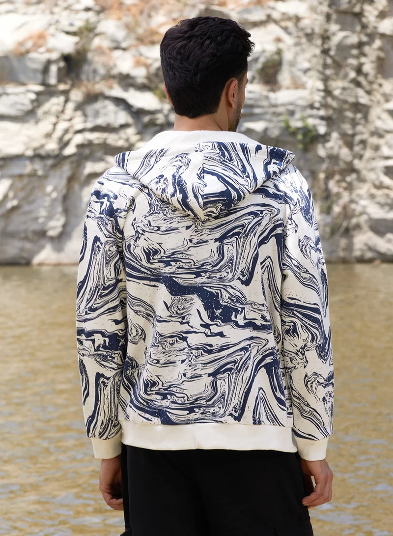 كامبوس سوترا Men's White & Indigo Blue Contrast Fluid Zip Front Hoodie