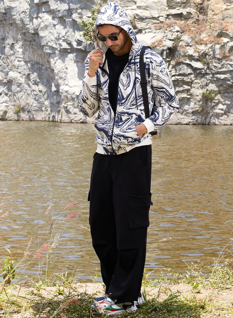 كامبوس سوترا Men's White & Indigo Blue Contrast Fluid Zip Front Hoodie