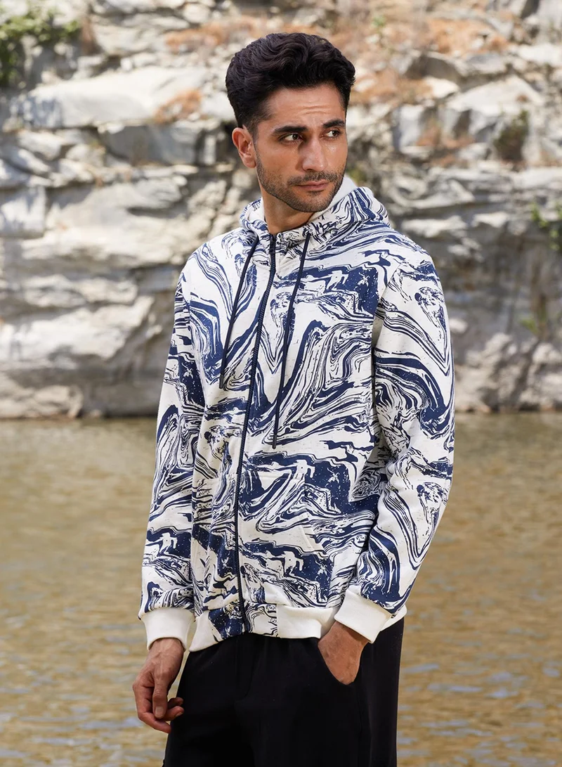 كامبوس سوترا Men's White & Indigo Blue Contrast Fluid Zip Front Hoodie