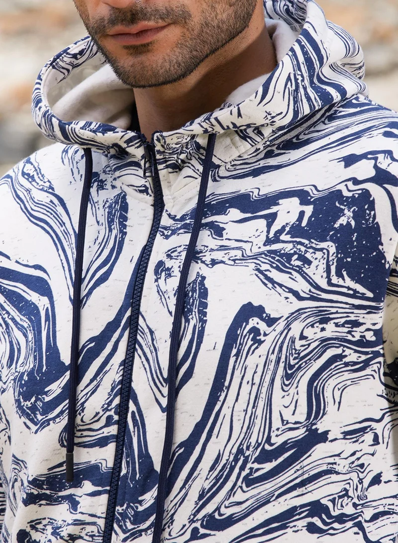 كامبوس سوترا Men's White & Indigo Blue Contrast Fluid Zip Front Hoodie