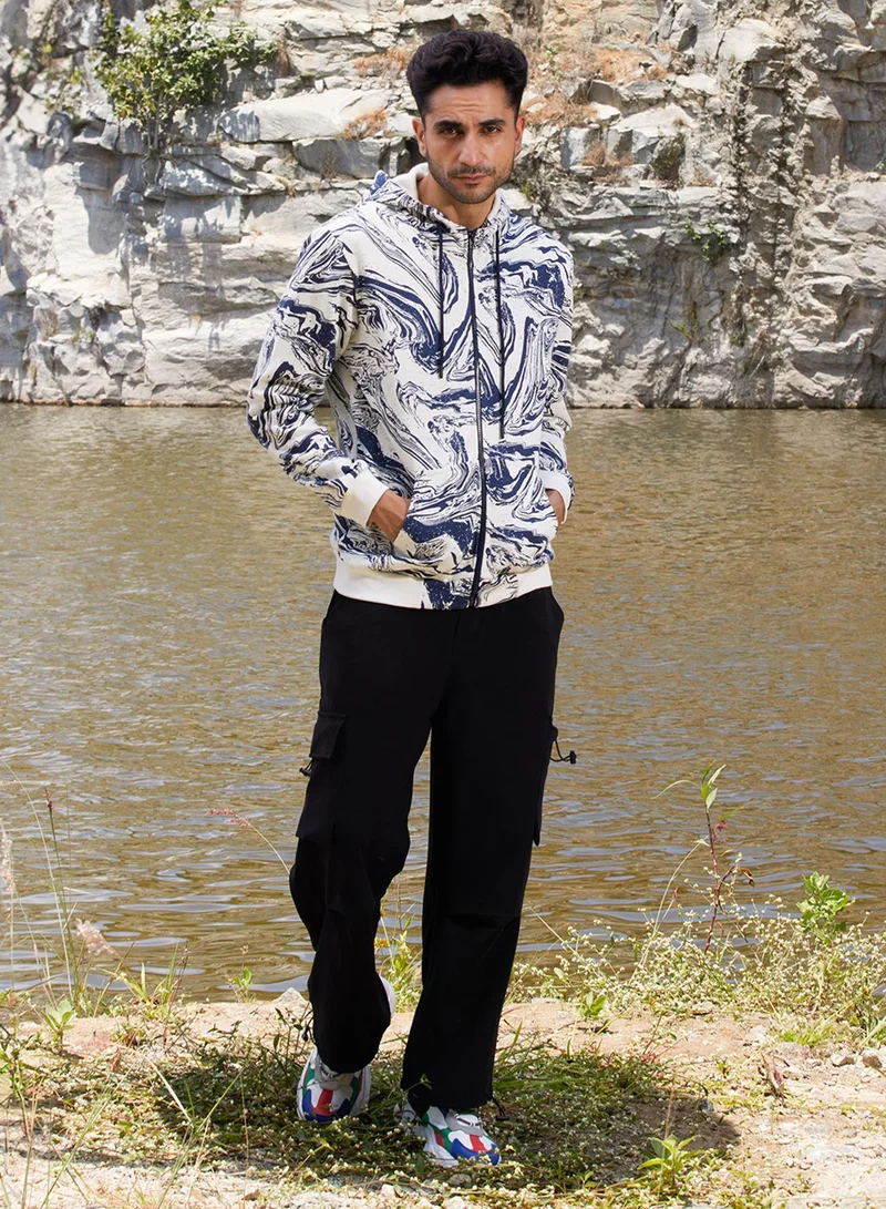 كامبوس سوترا Men's White & Indigo Blue Contrast Fluid Zip Front Hoodie