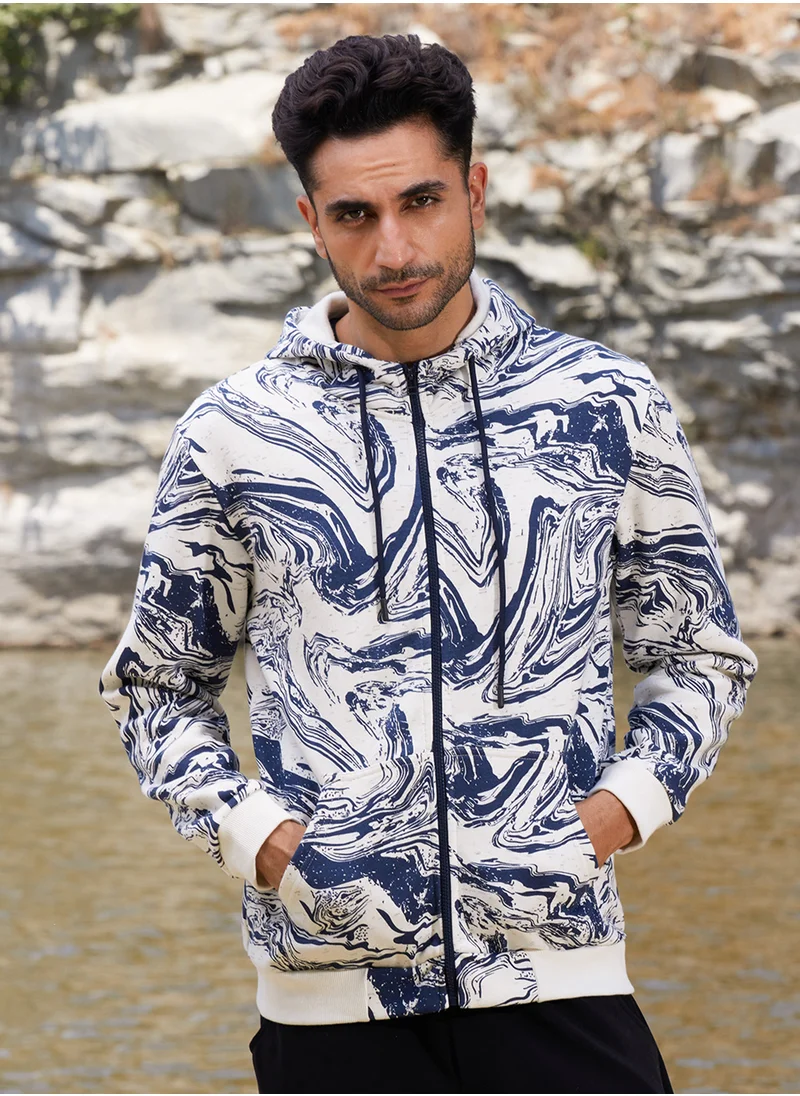 كامبوس سوترا Men's White & Indigo Blue Contrast Fluid Zip Front Hoodie
