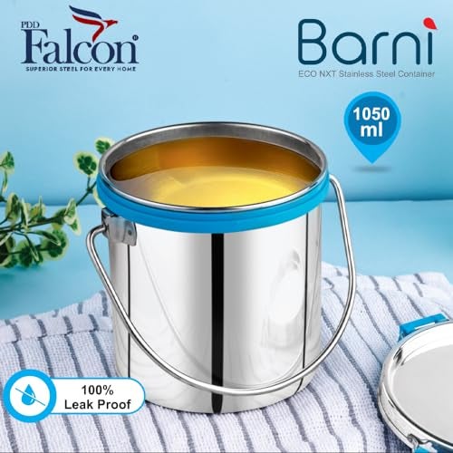 PDDFALCON Stainless Steel Akhand - Jointless Milk Can/Oil Can/Milk Barni/Oil Pot with Lid,100% LeakProof BIS Certified, Jindal Seal & Made In India, 14Cm Dia, Silver (Barni 1050ml, Sea Green) - Image 4