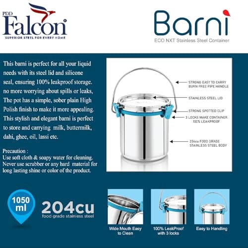 PDDFALCON Stainless Steel Akhand - Jointless Milk Can/Oil Can/Milk Barni/Oil Pot with Lid,100% LeakProof BIS Certified, Jindal Seal & Made In India, 14Cm Dia, Silver (Barni 1050ml, Sea Green) - Image 5
