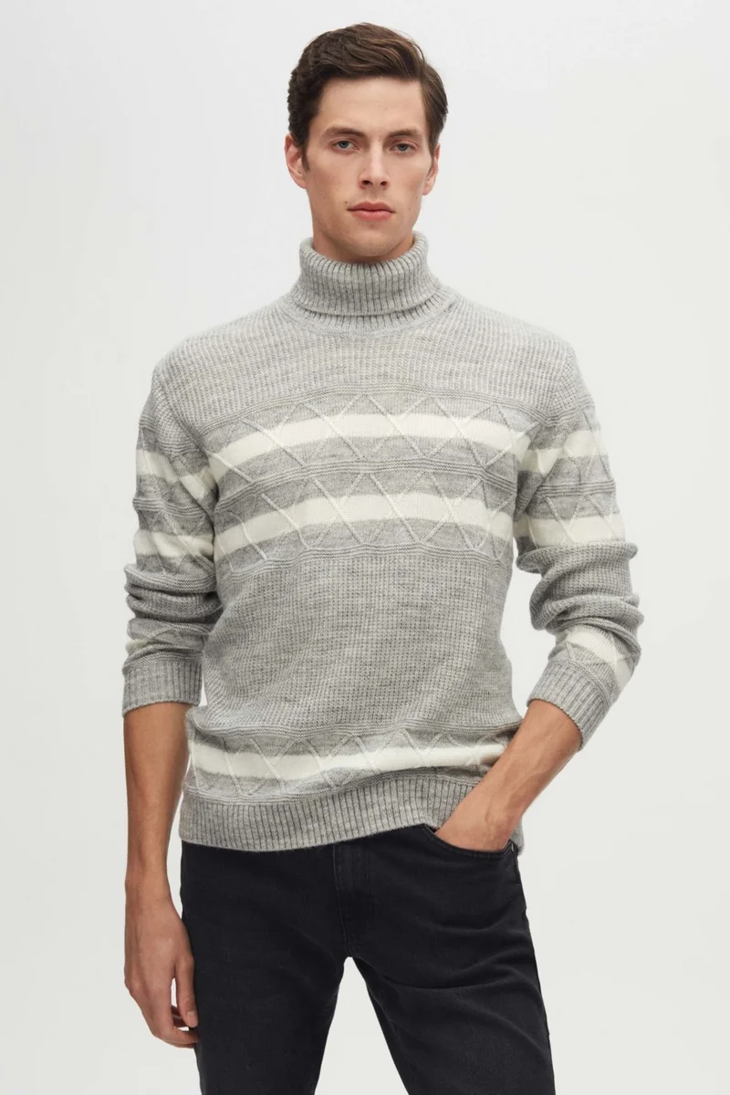 D'S DAMAT Ds Damat Regular Fit Gray Melange Striped Non-Pilling Full Turtleneck Knitwear Sweater