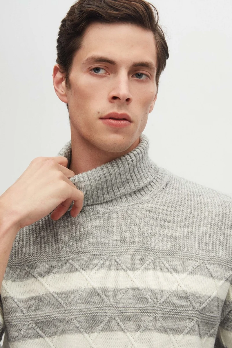 D'S DAMAT Ds Damat Regular Fit Gray Melange Striped Non-Pilling Full Turtleneck Knitwear Sweater