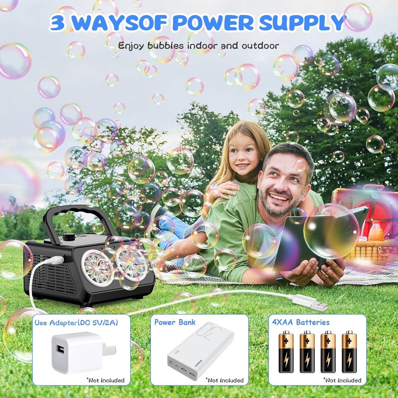 SHCKE Automatic Bubble Machine Upgrade Bubble Blower with 2 Fans,Plug in or Battery Operated Portable Bubble Maker,20000+ Bubbles Per Minute Bubbles for Outdoor Wedding Birthday Party | Dual power USB-C/AA, No-Leak Sealed Bottle,Portable Bubble Maker for Pool, Wedding, Camping, Birthday Parties - Image 2