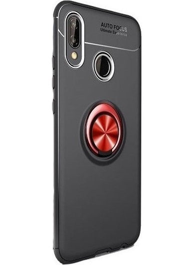 TahTicMer Huawei Y7 Prime 2019 Case Silicone Ring Stand Metal Car Holder Ravel TPU Black Red  - Image 1