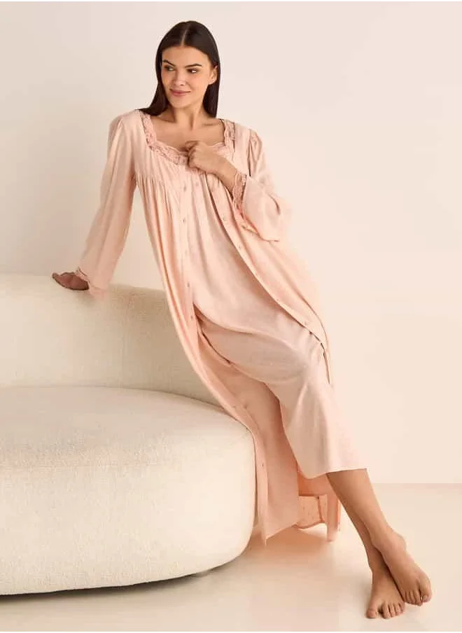 Splash FAV Dobby Textured Camisole and Robe Set with Lace Detail