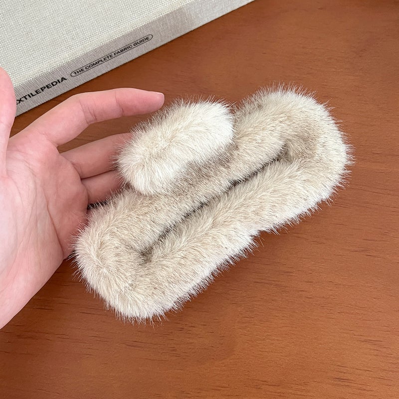 Generic Korean Large Mink Fur Hair Claw for Women 4356-9-beige rectangular mink hair gripper