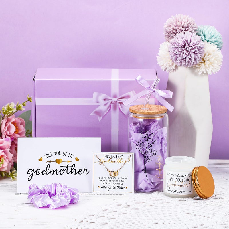 Singhoow 6 Pcs Godmother Proposal Gift Set, Will You Be My Godmother Gift Box, 12oz Glass Cup, Necklace & Scented Candle from Godchild for Baptism Motherâ€™s Day Birthday(English,Purple) - Image 5