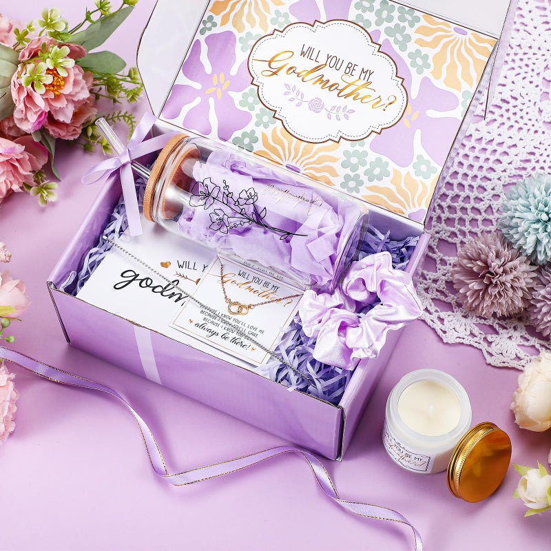 Singhoow 6 Pcs Godmother Proposal Gift Set, Will You Be My Godmother Gift Box, 12oz Glass Cup, Necklace & Scented Candle from Godchild for Baptism Motherâ€™s Day Birthday(English,Purple) - Image 2