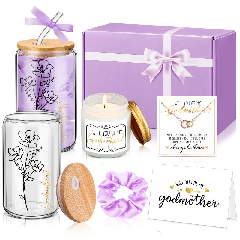 Singhoow 6 Pcs Godmother Proposal Gift Set, Will You Be My Godmother Gift Box, 12oz Glass Cup, Necklace & Scented Candle from Godchild for Baptism Motherâ€™s Day Birthday(English,Purple) - Image 1