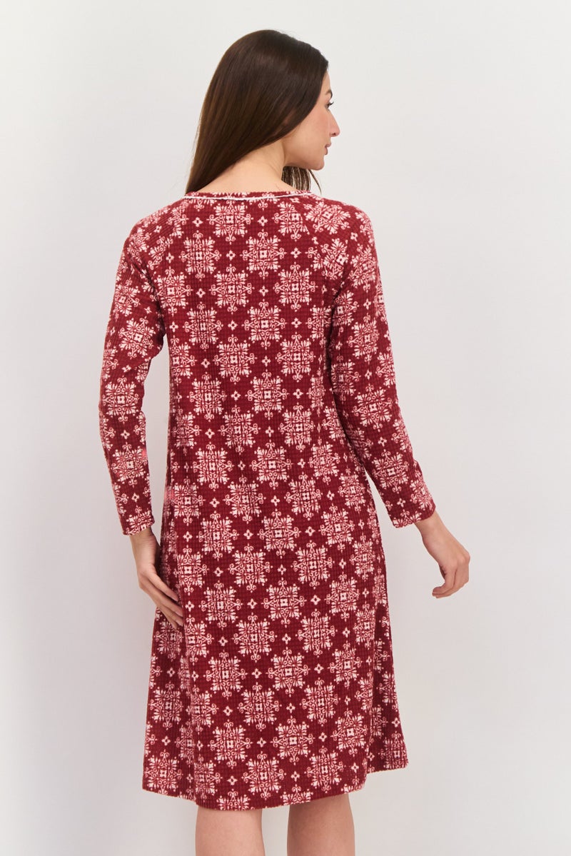 Carole Hochman Women Long Sleeve Allover Print Night Dress, Maroon - Image 3