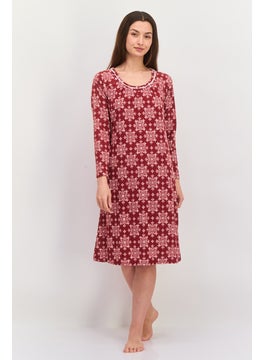 Carole Hochman Women Long Sleeve Allover Print Night Dress, Maroon  - Image 1