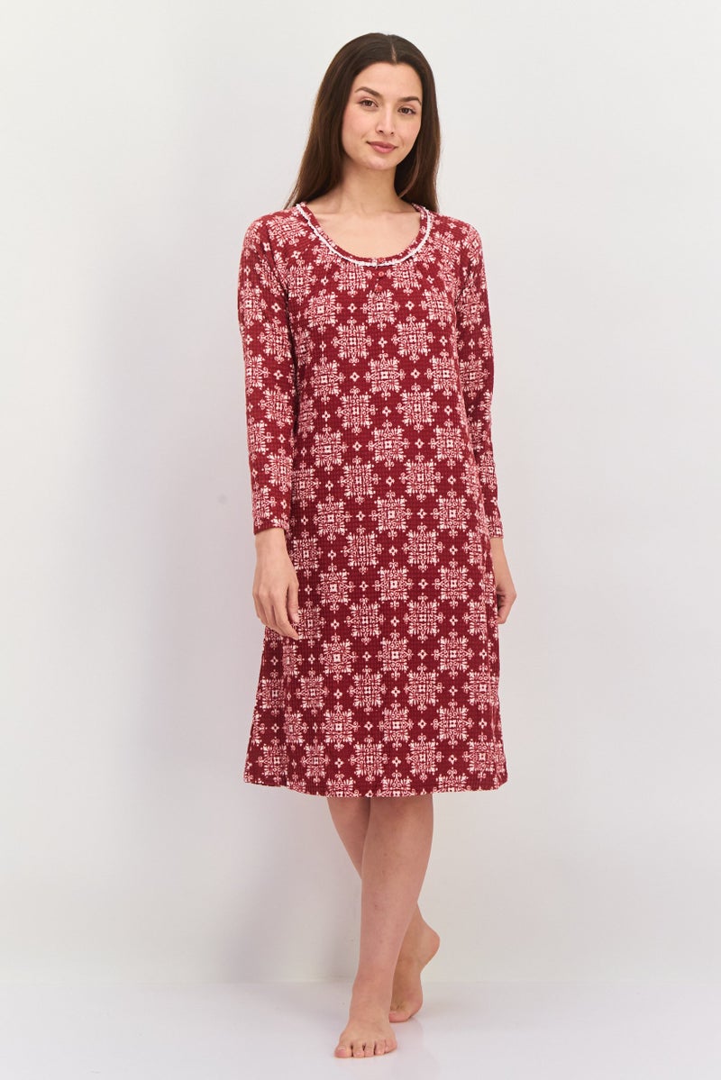 Carole Hochman Women Long Sleeve Allover Print Night Dress, Maroon - Image 1