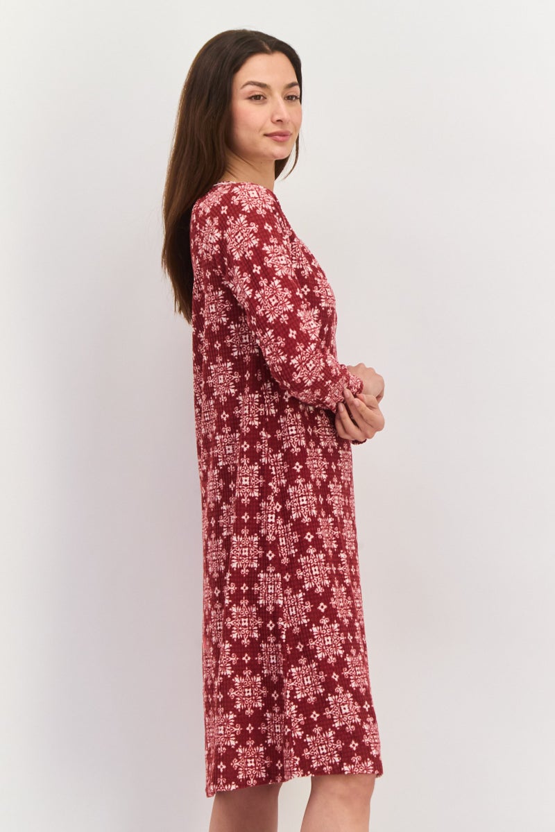 Carole Hochman Women Long Sleeve Allover Print Night Dress, Maroon - Image 4