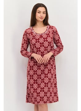 Carole Hochman Women Long Sleeve Allover Print Night Dress, Maroon  - Image 2