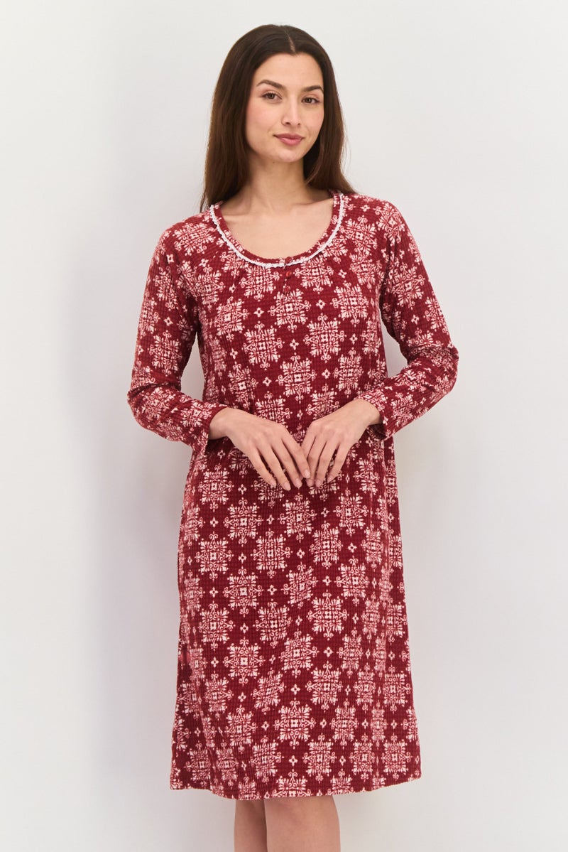 Carole Hochman Women Long Sleeve Allover Print Night Dress, Maroon - Image 2