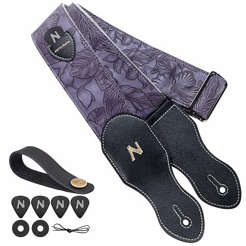 Nefelibata Guitar Strap with Pick Pocket,2.3 inch Porter Style Vegan Leather Carving Guitar Straps,60s Vintage Style (Purple) - Image 1