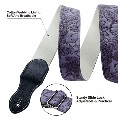 Nefelibata Guitar Strap with Pick Pocket,2.3 inch Porter Style Vegan Leather Carving Guitar Straps,60s Vintage Style (Purple) - Image 5