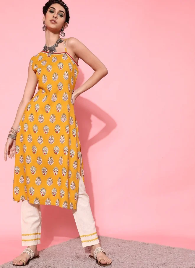اندو ستريت Ethnic Motif Printed Sleeveless Kurta With Trousers For Women