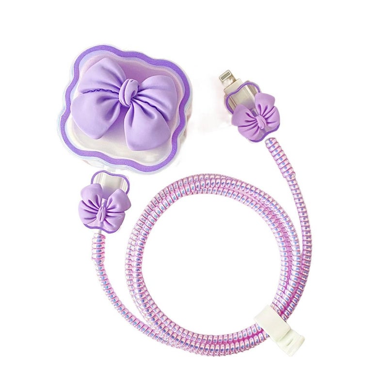 20W Charger Head and Cable End Protector Set with Cute Style in Purple with Decorative Design Anti Bend Protection and Daily Cable Care - Lilac Ribbon - Image 1