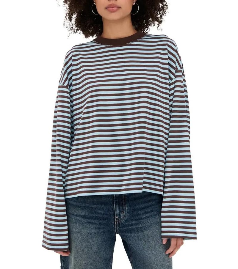 KOSUSANILL Striped Long Sleeve Shirt Women Oversized Baggy Tshirt Crewneck Boxy Cropped Tee Tops Drop Shoulder Y2K Cute Preppy Sweatshirt Vintage Teen Girls Fall Pullover Top (Brown, L)