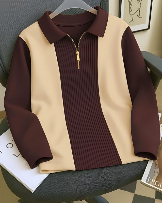 AUSK T-Shirt for Men Zip Neck Texture Self Design Cotton Blend Mens Tshirts Brown - Image 2