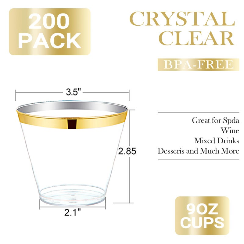 WELLIFE 200 PCS Gold Plastic Cups  9 oz Clear Plastic Cups Tumblers  Disposable Cups with Gold Rim Perfect for Party and Wedding - Image 2