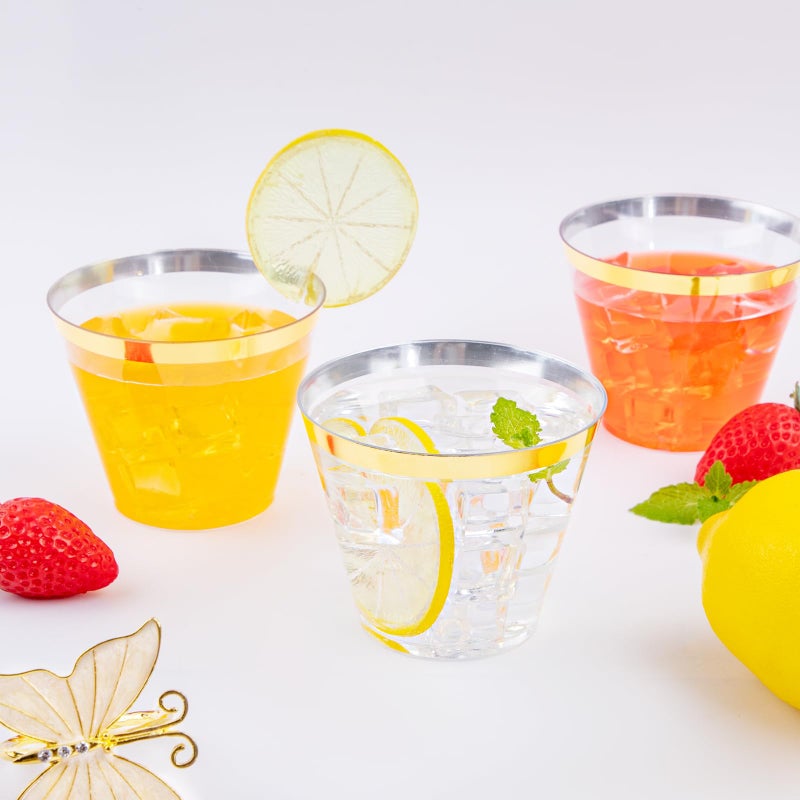 WELLIFE 200 PCS Gold Plastic Cups  9 oz Clear Plastic Cups Tumblers  Disposable Cups with Gold Rim Perfect for Party and Wedding - Image 5