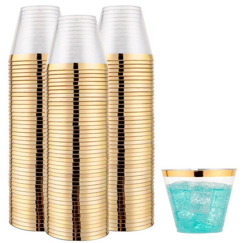 WELLIFE 200 PCS Gold Plastic Cups  9 oz Clear Plastic Cups Tumblers  Disposable Cups with Gold Rim Perfect for Party and Wedding - Image 1