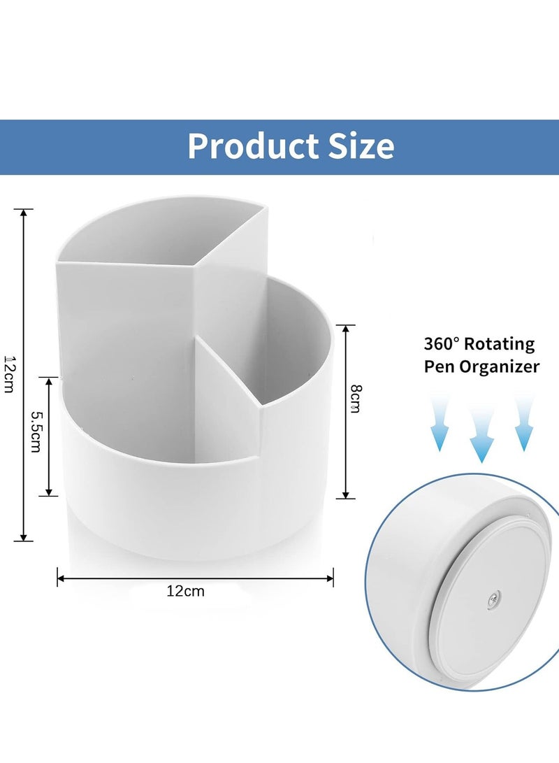 Pen Holder, 360° Degree Rotating Desk Organizers, Cute Pencil Cup Pot, Pencil Holder with 3 Slots, Multifunctional Pen Organizer for Home, Office and School (White)
