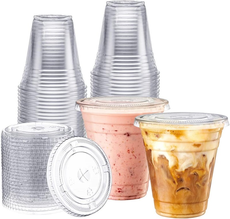 Zeml [100 Sets 12 oz. Plastic Cups With Lids, Smoothie Cups, Milkshake Cups - Image 1
