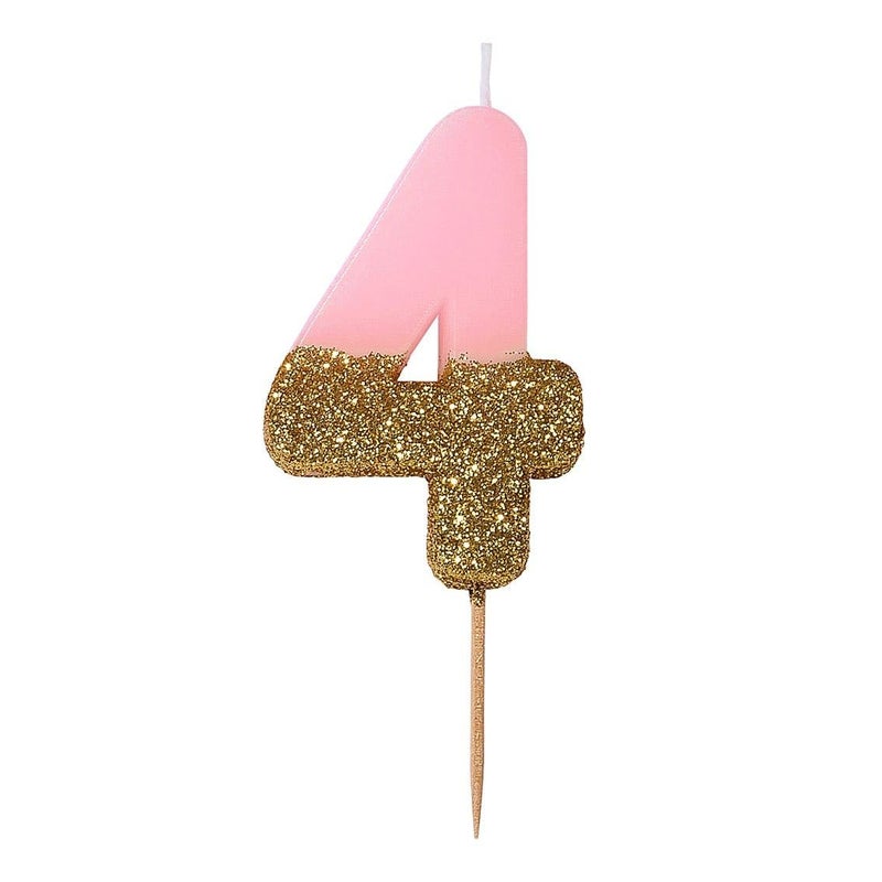 Talking Tables Pink Number 4 Candle with Gold Glitter Premium Quality Cake Topper Decoration For Kids, Adults, 40th Birthday Party, Anniversary, Milestone Age, Height 8cm, 3" - Image 1