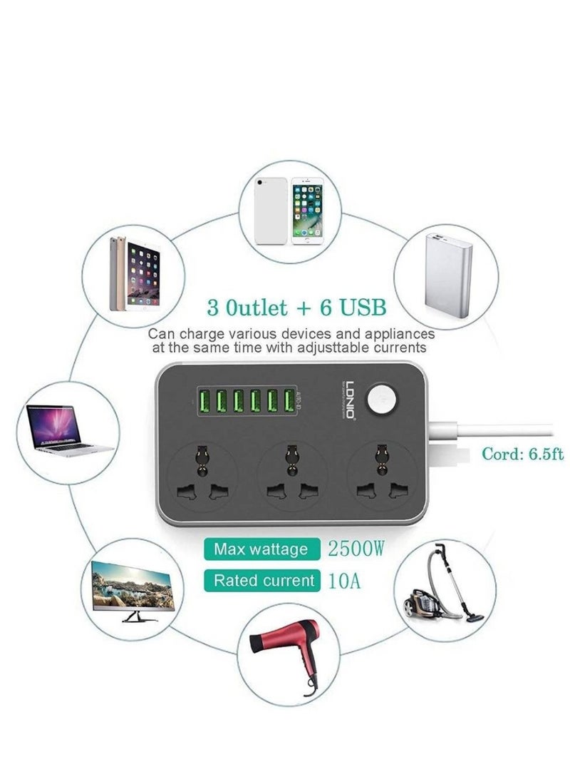 LDNIO Multi-Socket Adapter 3 Way - Sockets 6 USB Ports Power Strip with Surge Protection - Model SC3604  - Image 1