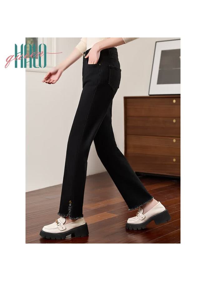 HALOQUEEN Halo Queen Women's Autumn Winter Fleece-lined Warm Fashion Split Hem Lace Slim Fit Jeans H144n3005 - Image 2