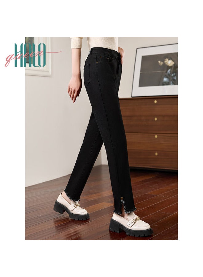 HALOQUEEN Halo Queen Women's Autumn Winter Fleece-lined Warm Fashion Split Hem Lace Slim Fit Jeans H144n3005 - Image 4