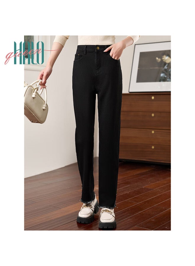 HALOQUEEN Halo Queen Women's Autumn Winter Fleece-lined Warm Fashion Split Hem Lace Slim Fit Jeans H144n3005 - Image 5