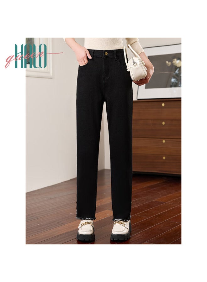 HALOQUEEN Halo Queen Women's Autumn Winter Fleece-lined Warm Fashion Split Hem Lace Slim Fit Jeans H144n3005 - Image 1