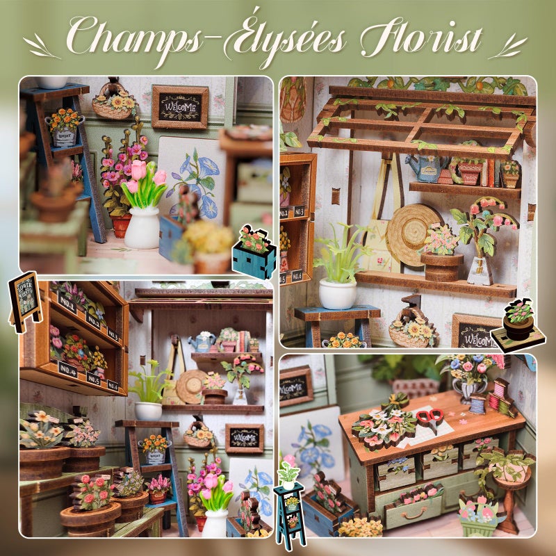 CUTEBEE Book Nook Kit - DIY Miniature House Dollhouse Kit for Adults and Teens, Booknook Tiny House Bookshelf 3D Wooden Puzzle, Gifts for Family (Champs-Ã‰lysÃ©es Florist) - Image 5